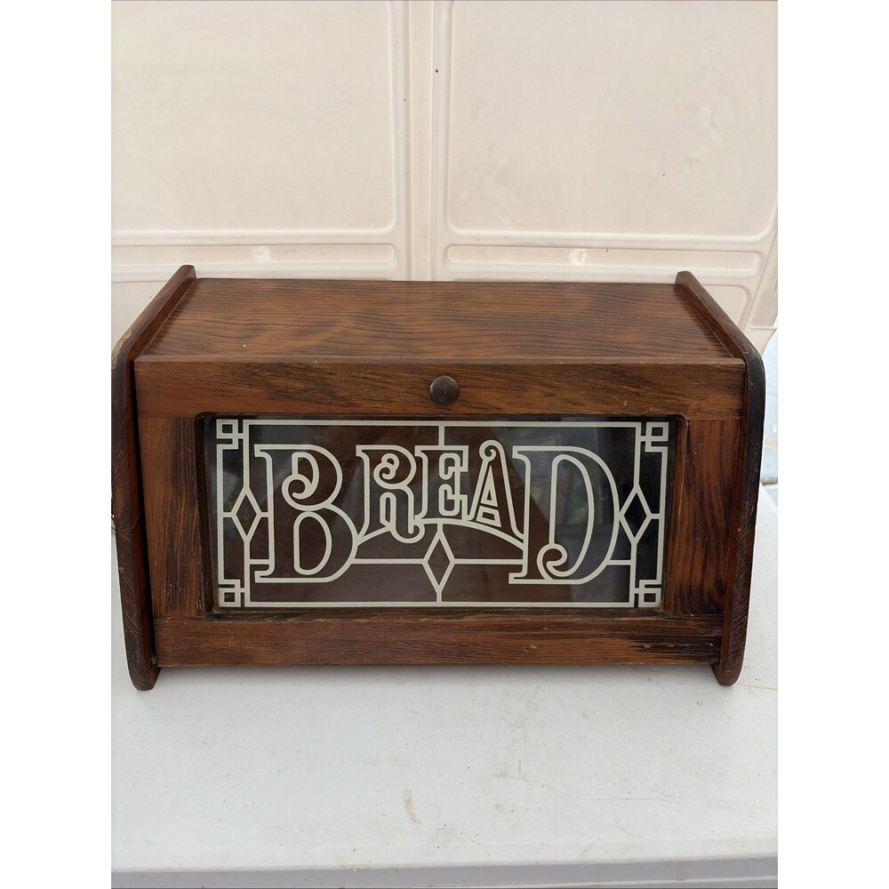 Vintage Wooden Bread Box with Decorative Acrylic Front Panel Cottage Farmhouse